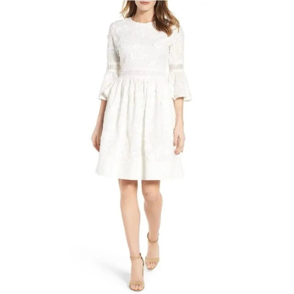 Eliza J Size 6 White Cotton Embroidered Floral Fit & Flare Dress Pockets